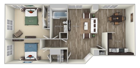 Floor plan for 2 beds, 1 bath, 740 sqft